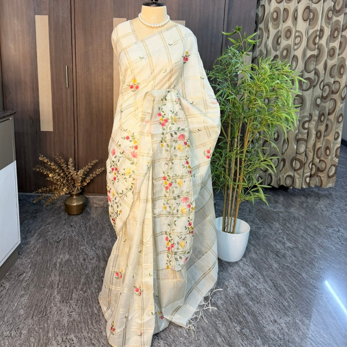 Off white Checks Floral Embroidery Semi Tussar Saree