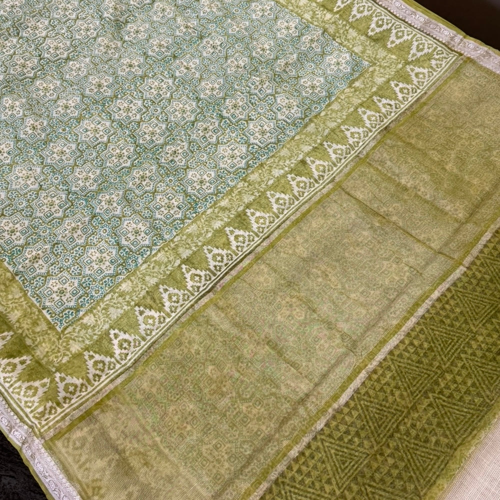 Ajrakh inspired print on a green Maheshwari silk cotton saree