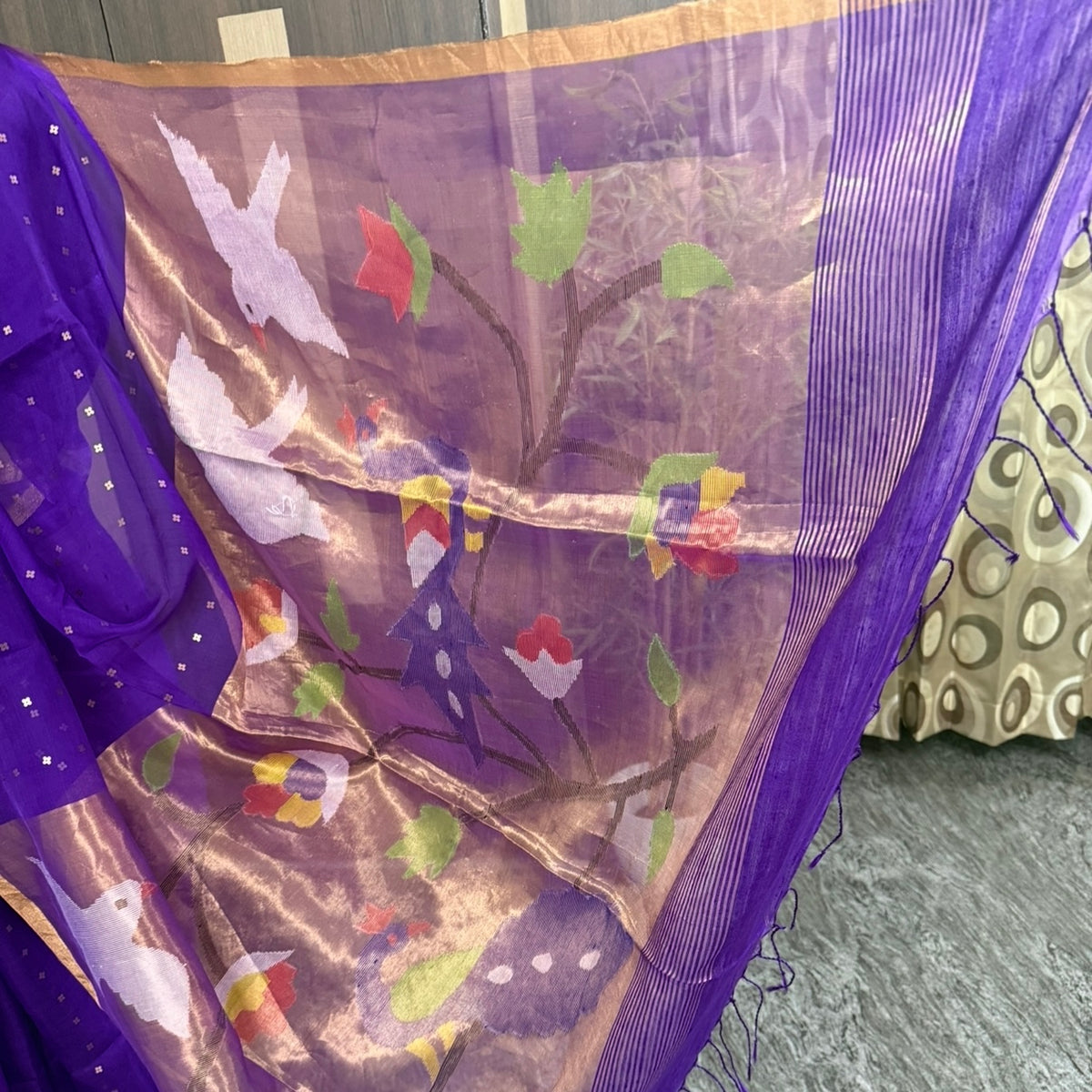 Purple Pure Muslin Sequin Paithani Pallu Saree