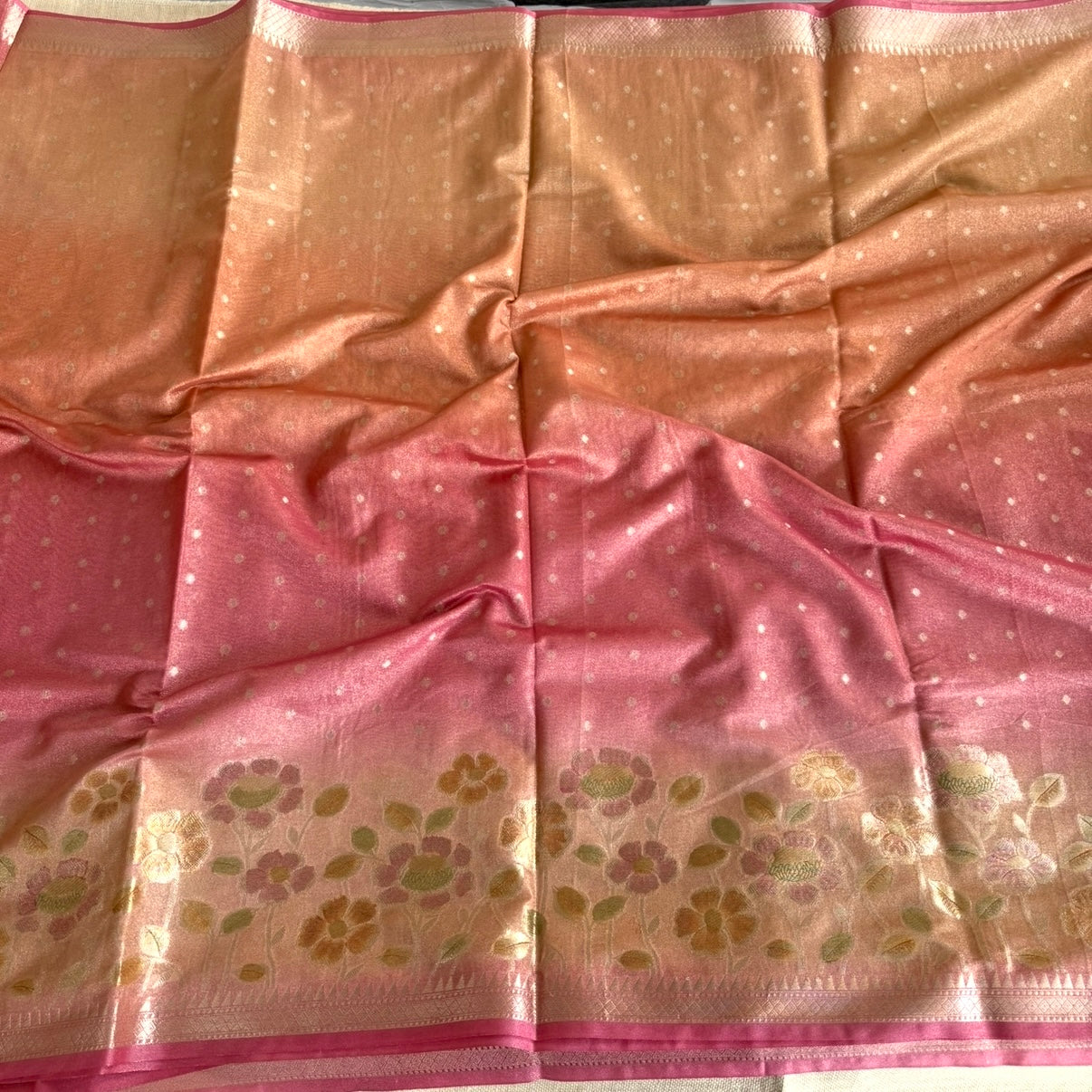 Pink Gradient Floral Soft Tissue Silk Saree