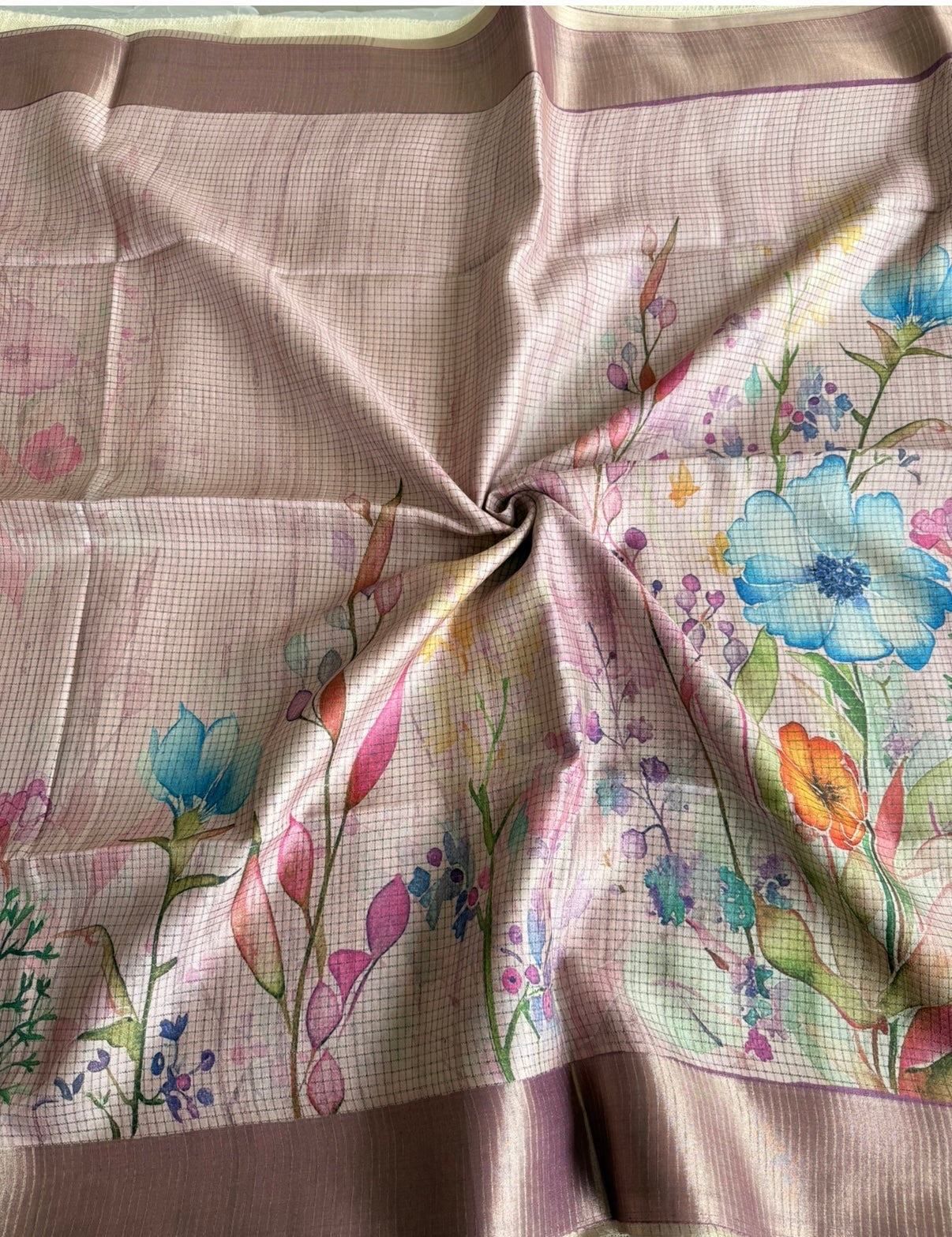 Pink Floral Kota Checks Tussar Saree