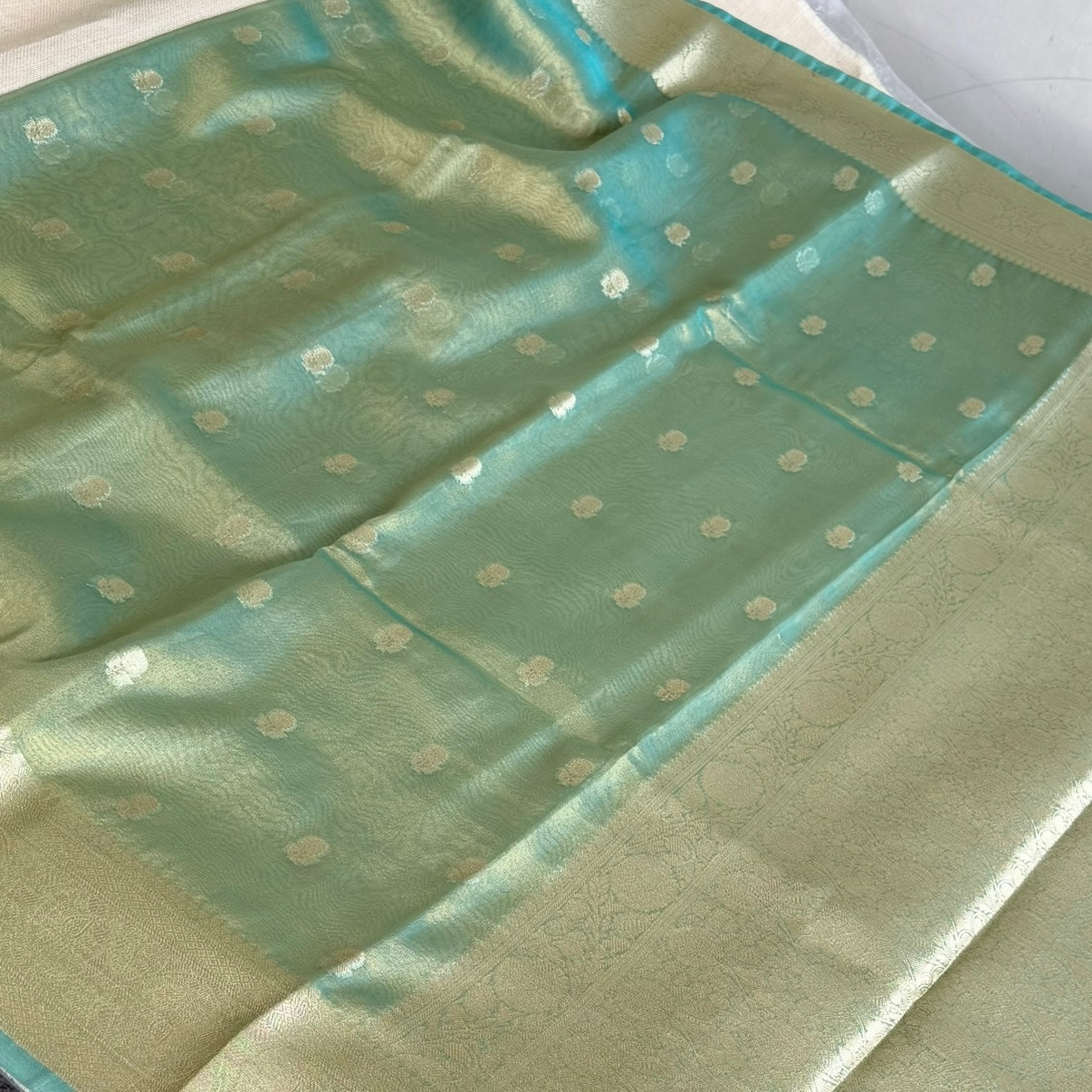 Pastel Sea Green Tissue Silk saree