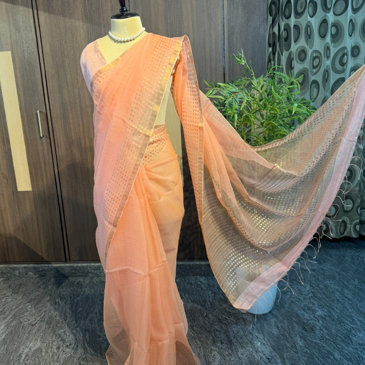 Peach Kora Muslin Sequin Silk Saree