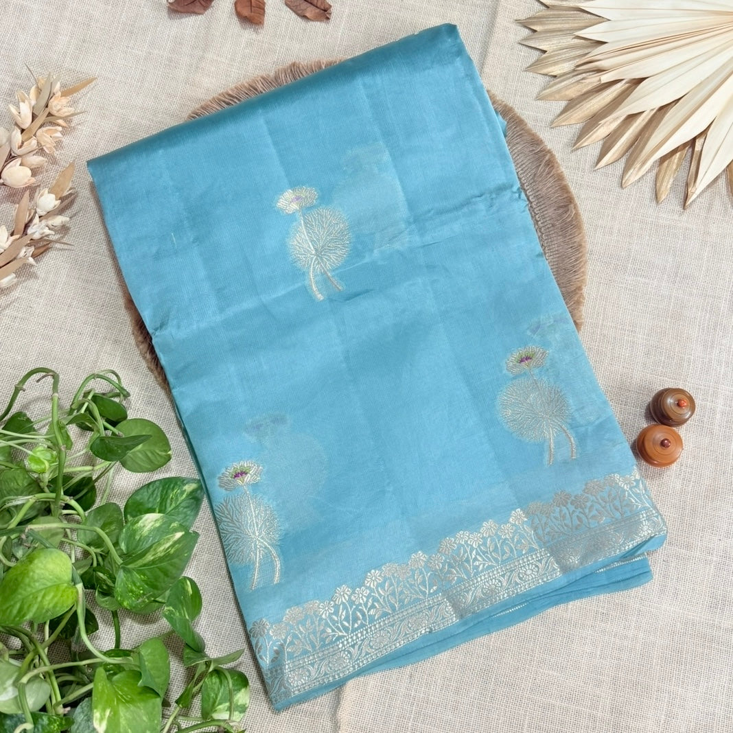 Pastel Blue Lotus Kora Silk Saree - Vini’s Ethnic