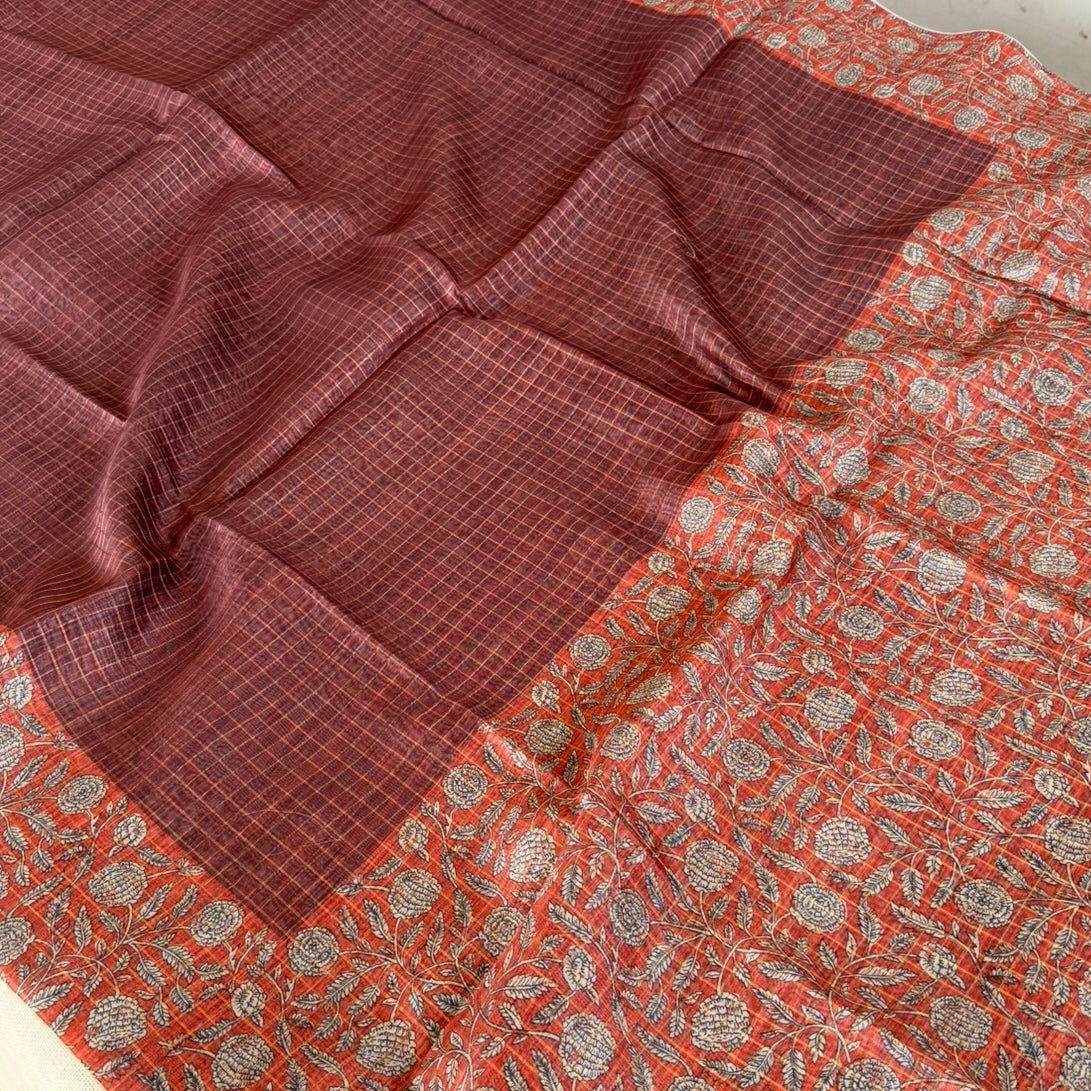 Brown n Orange Checked Semi Tussar Saree
