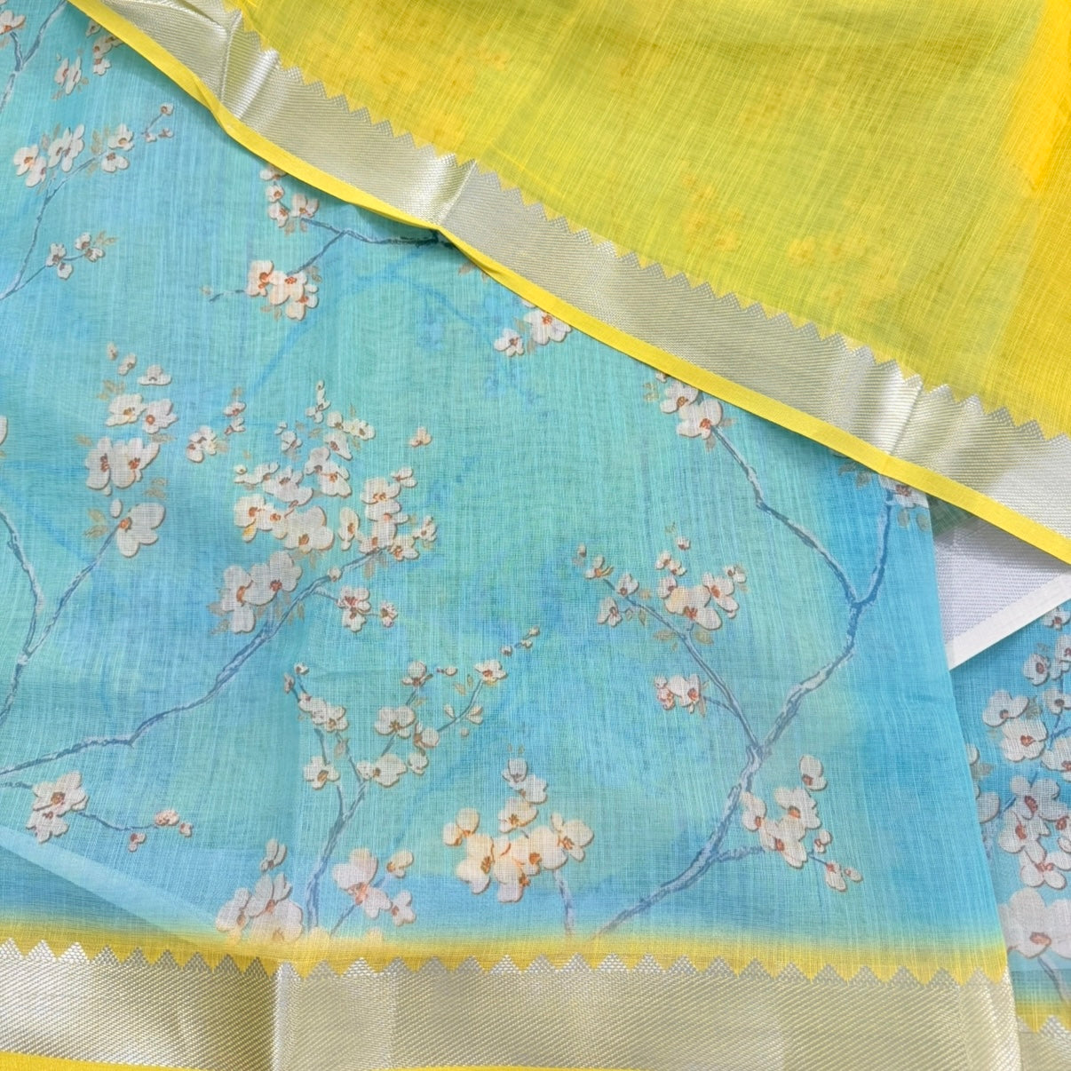 Sky Blue n Yellow Floral Embroidery Linen  Saree