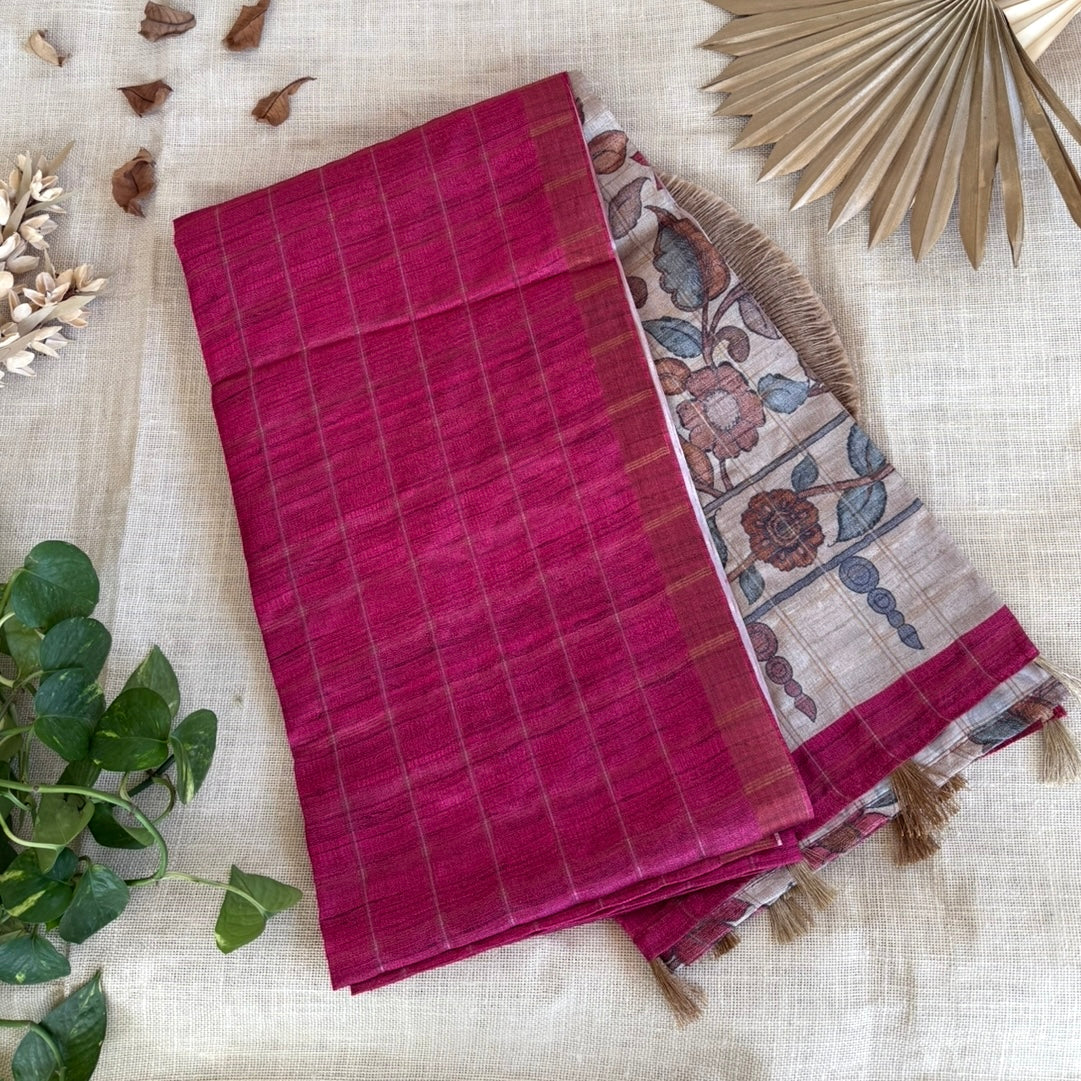 Pink Checks Kalamkari Semi Tussar Saree