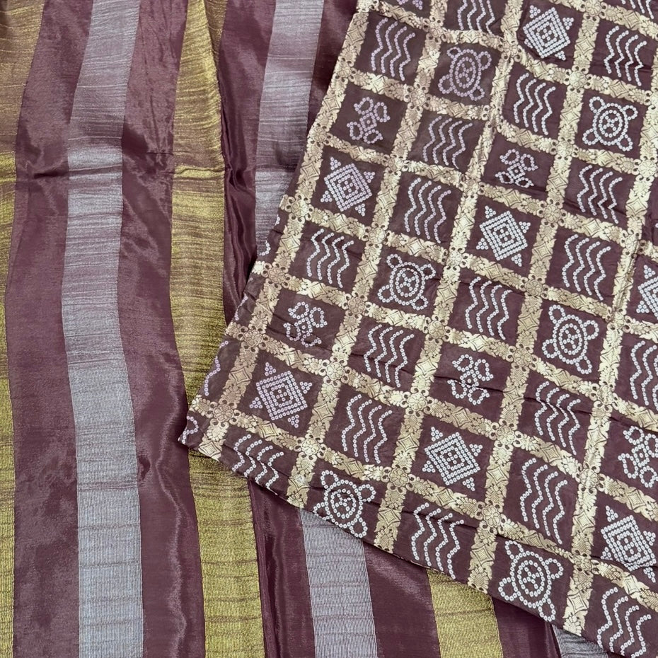 Brown Zari Stripes Chinnon Silk Saree