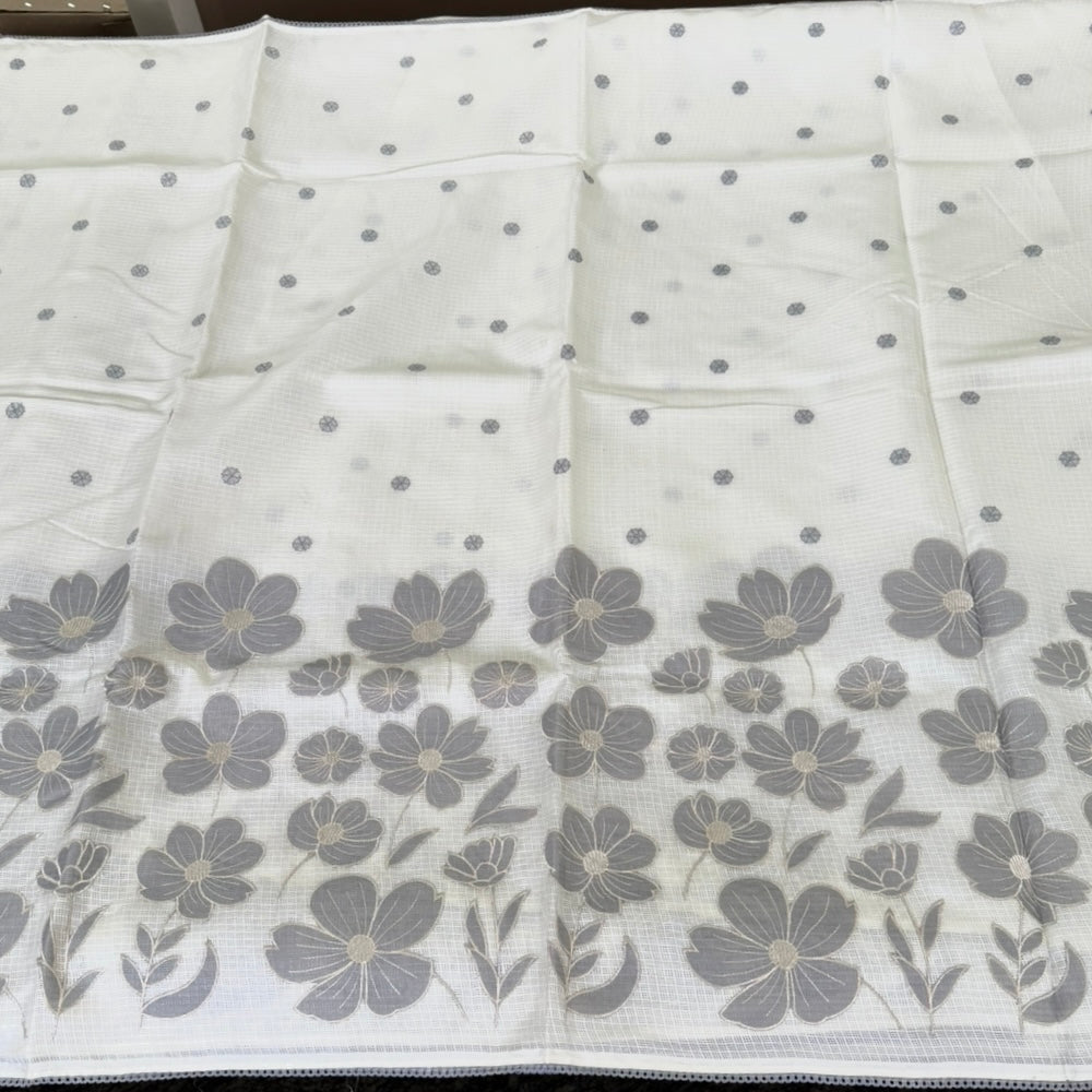 Off White Grey Kota Applique Saree
