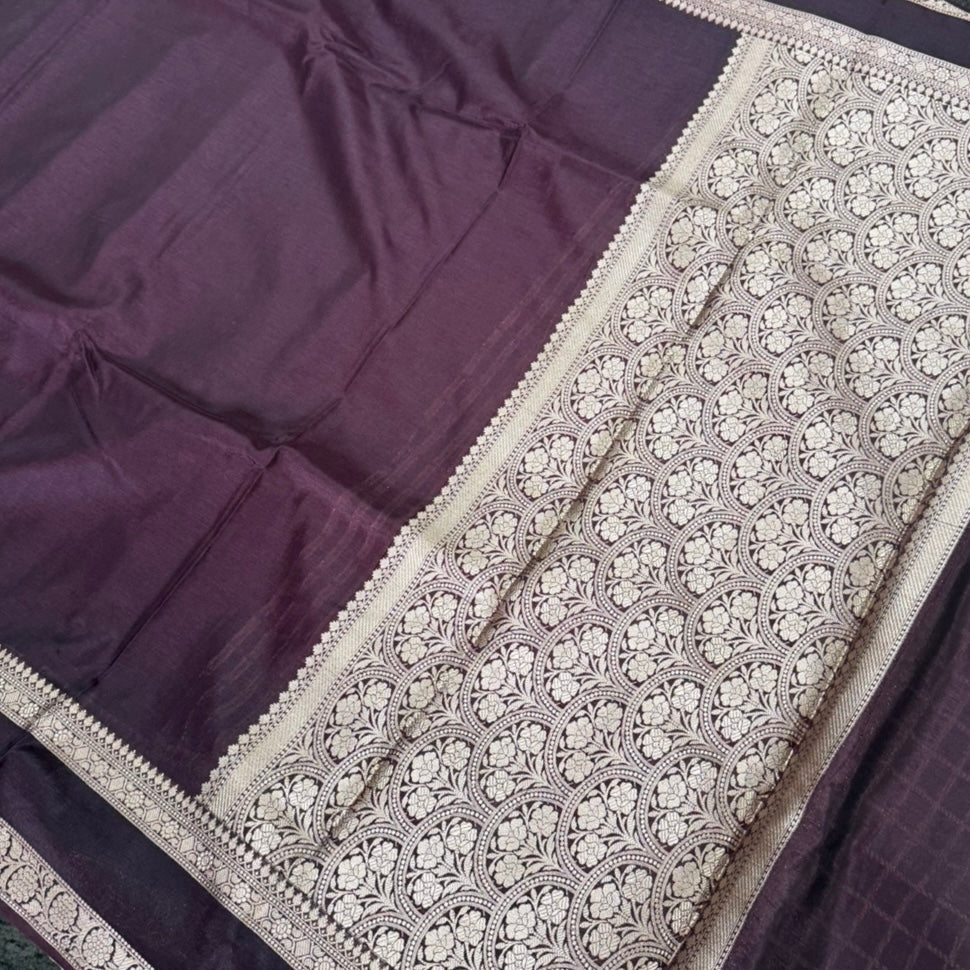 Coffee Brown Plain Raw Silk Saree Checked Blouse