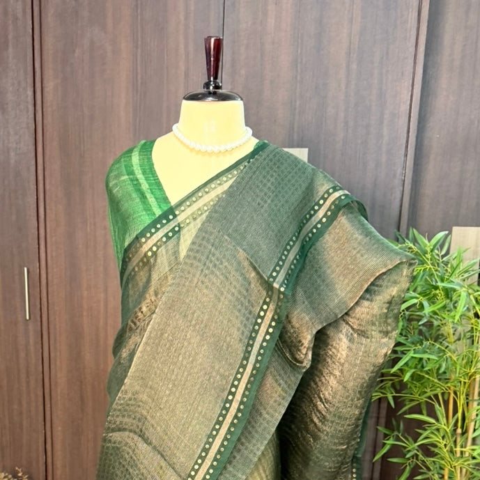 Emerald Green Pure Muslin Tissue Sequin Saree