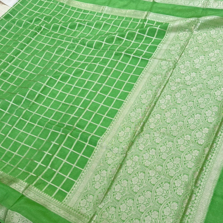 Green Checked Raw Silk Saree