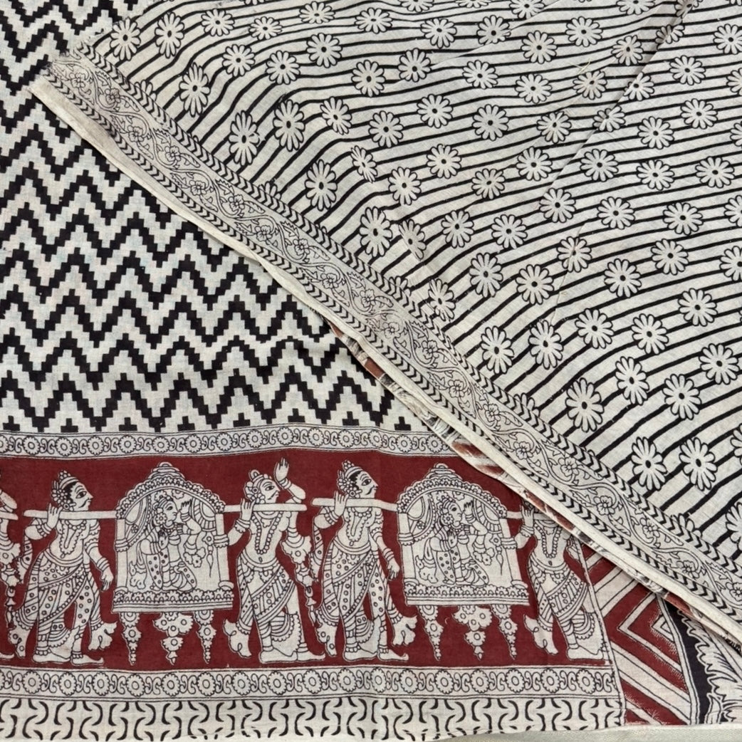 Brown Black Zigzag Kalamkari Cotton Saree