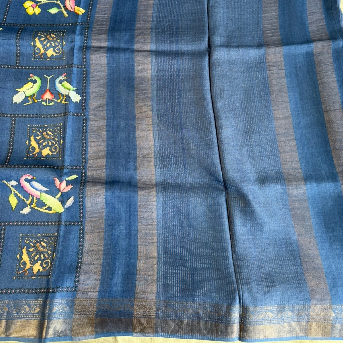 Dark Blue Digital Printed Pure Tussar Silk