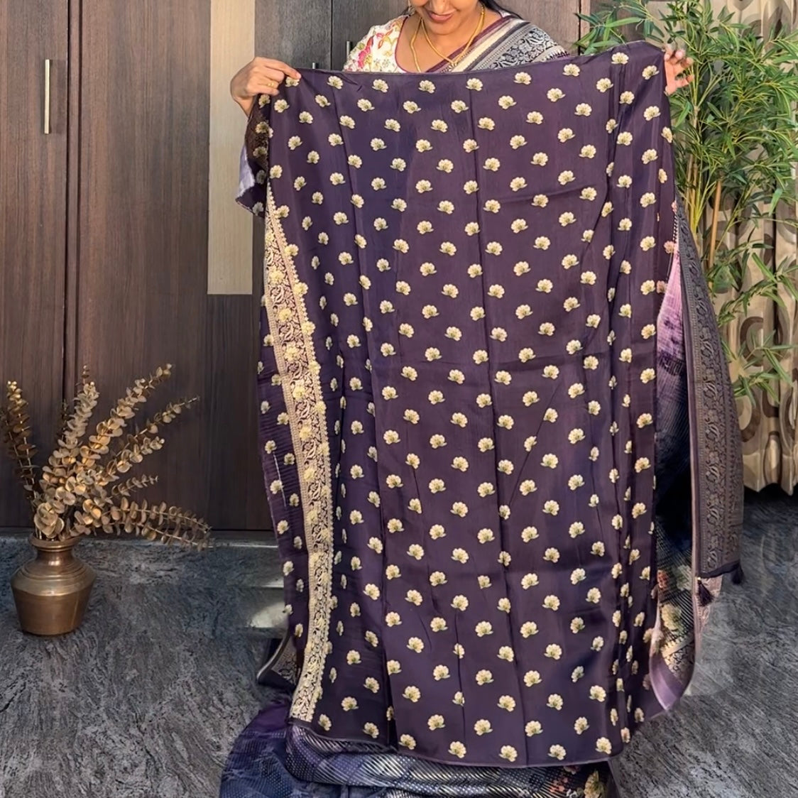 Purple Dark Blue Pure Dola Crepe Silk Saree