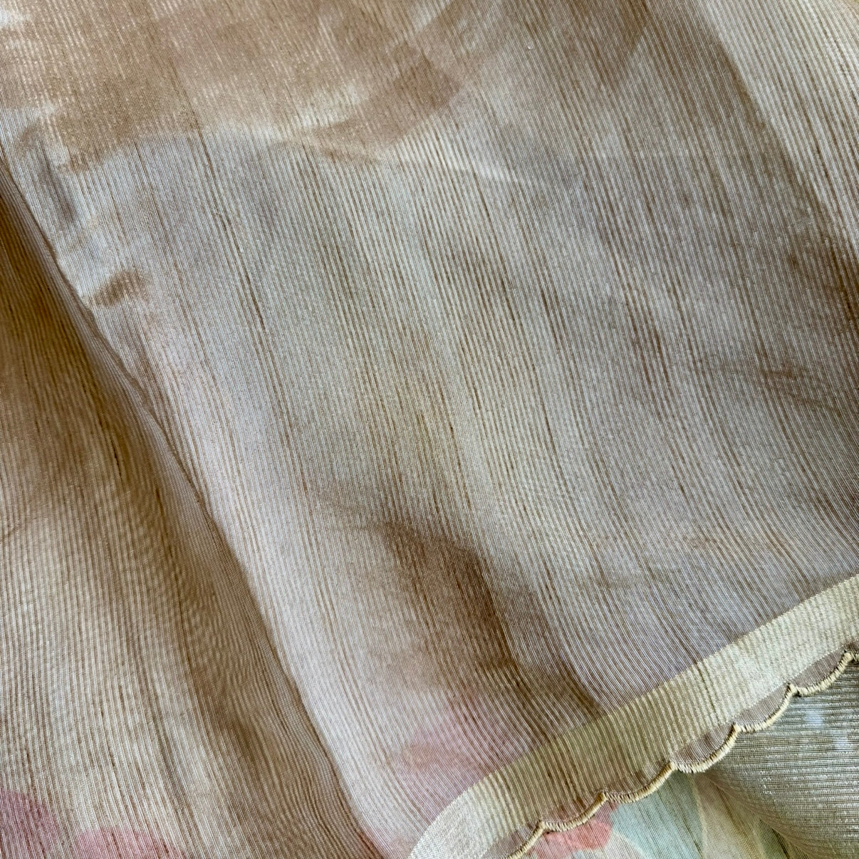 Beige Floral Embroidery Scallop Semi Tussar Saree