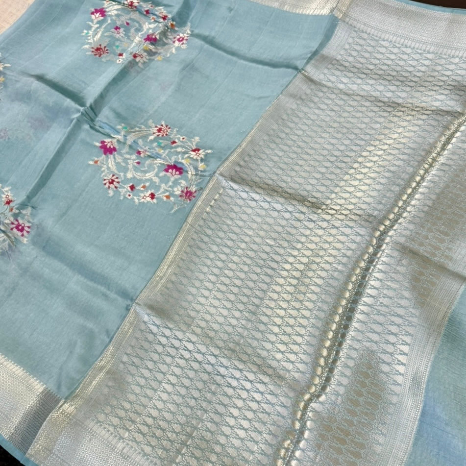 Misty Blue Floral Kora Silk Saree
