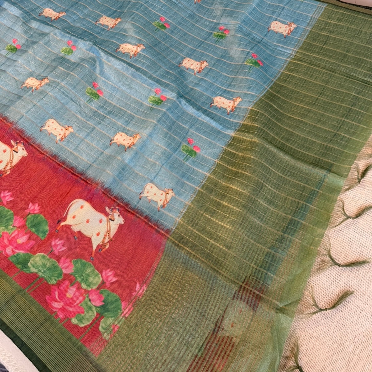 Sky Blue n Brown Pichwai cow lotus Semi Tussar Saree
