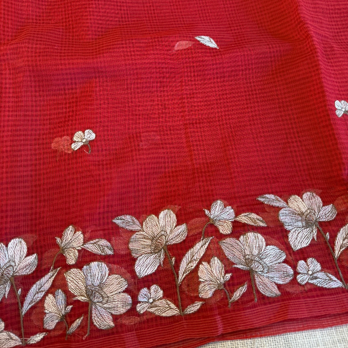 Vibrant Orange Kota Embroidery Saree