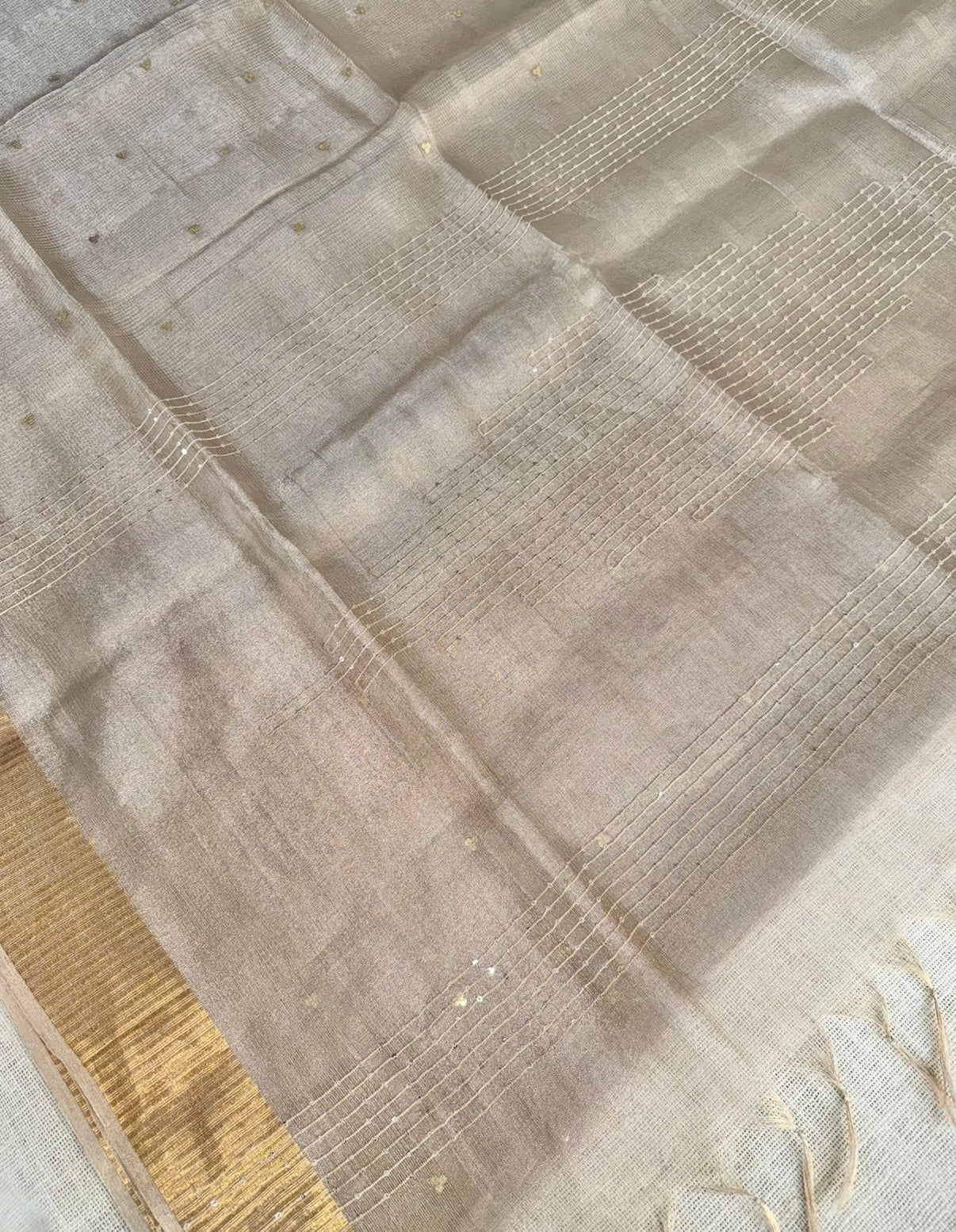 Beige Sequin Tissue Silk Saree