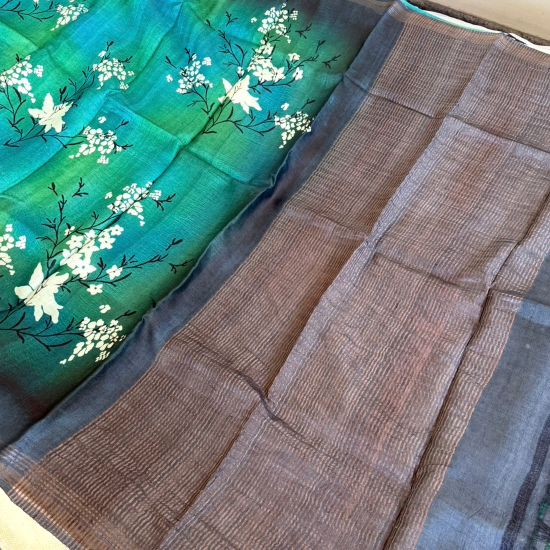 Teal Green Pure Tussar Silk Kanchi Border Saree