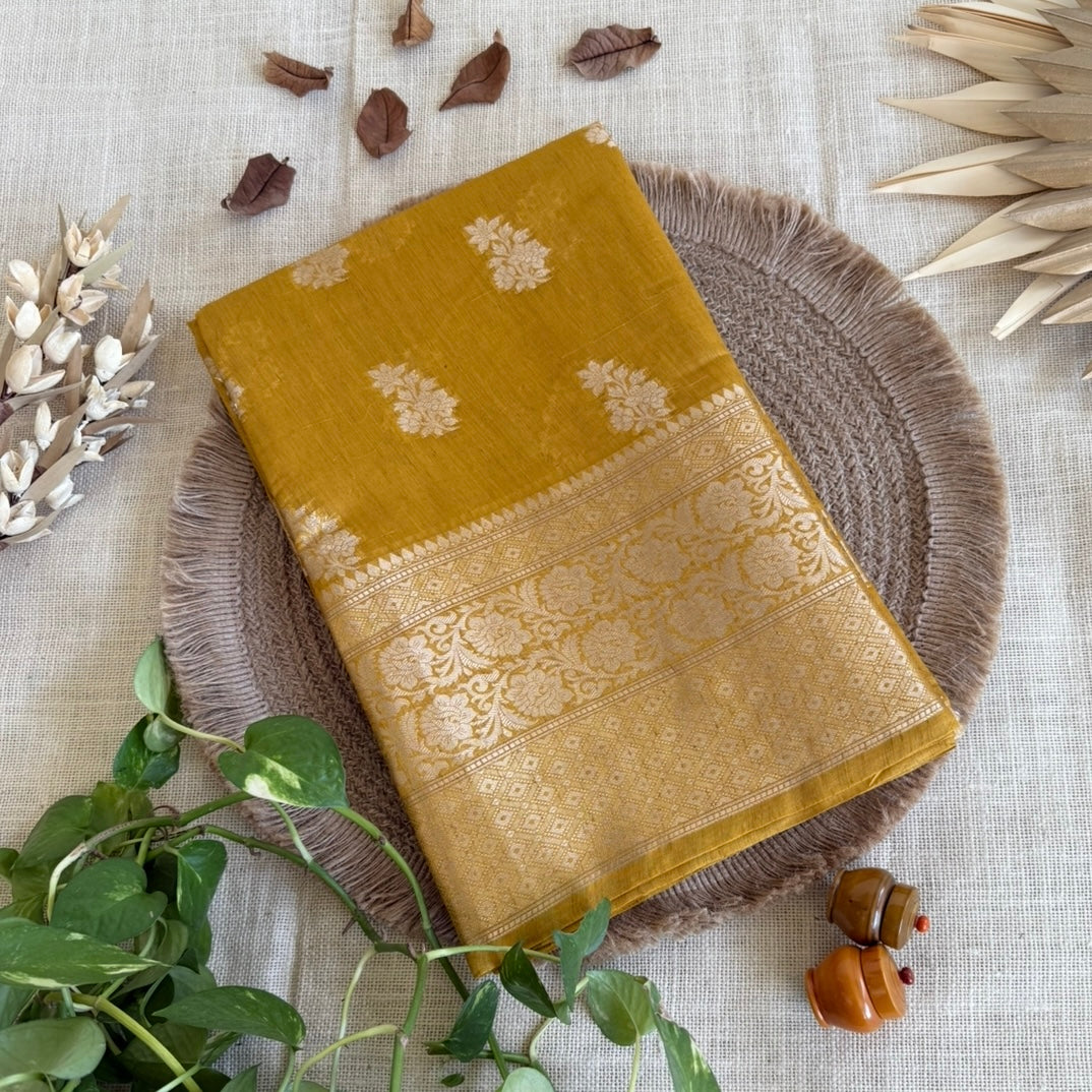 Mustard Pure Chiniya Silk Saree