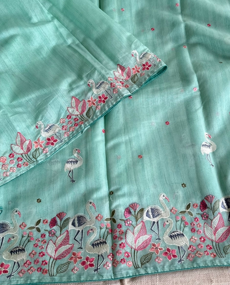 Crane Embroidery Semi Tussar Saree