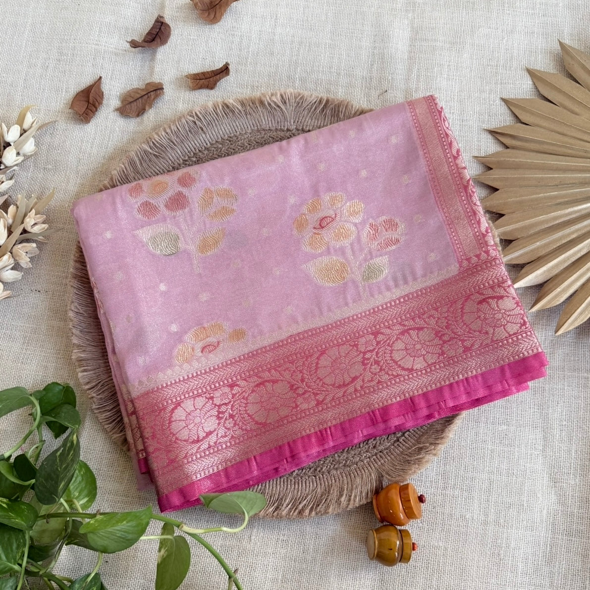 Pastel pink Floral soft tissue silk saree