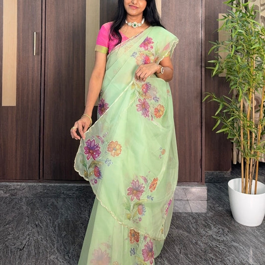 Pista Green Soft Organza Designer Saree