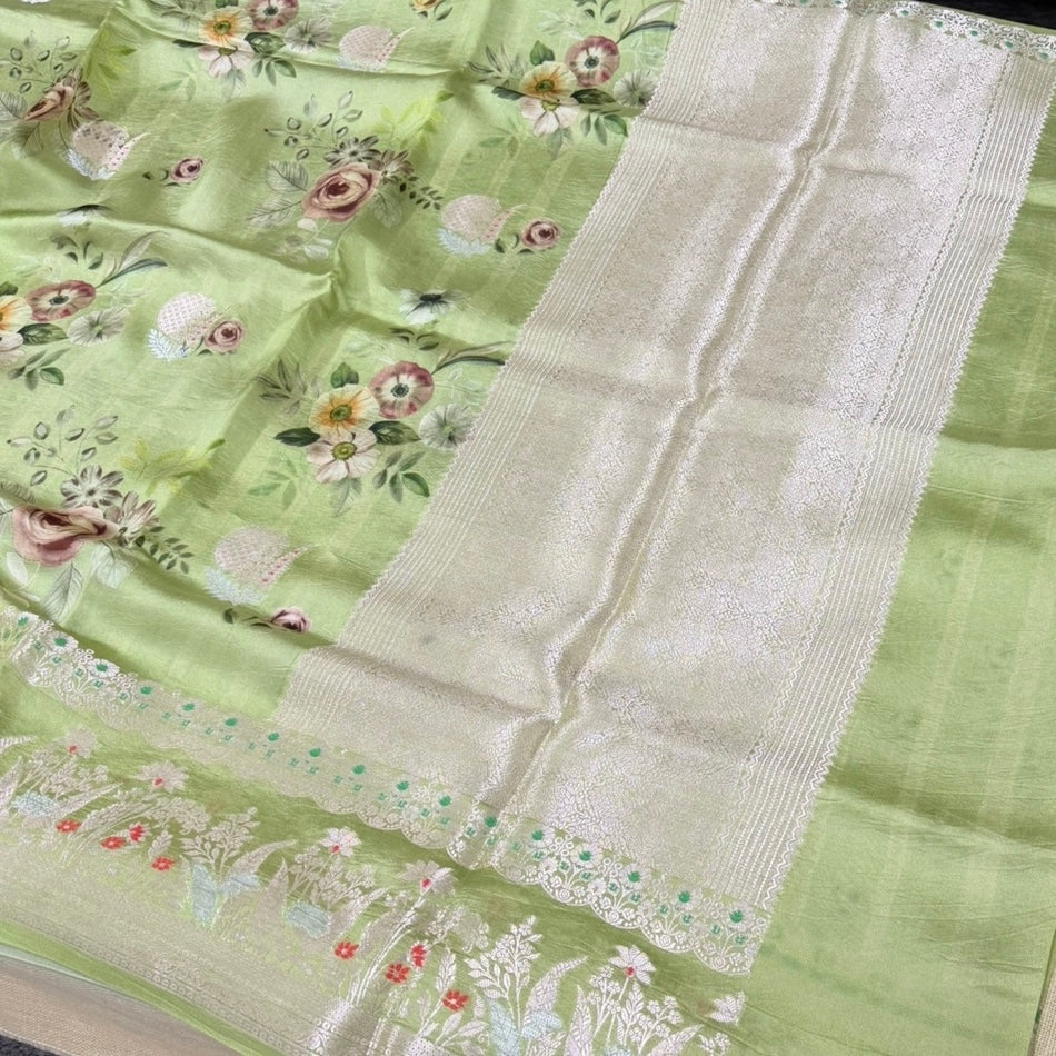 Mint Sage Floral Digital Raw Mango Silk Saree