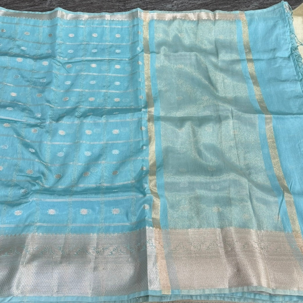 Pastel Blue Checked Kora Silk Saree