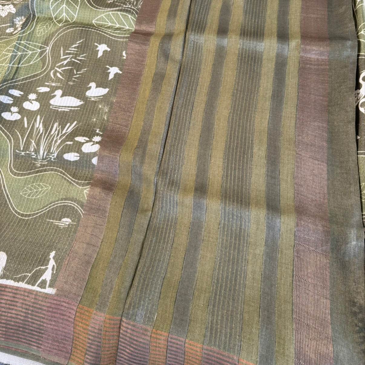 Olive Green Printed Pure Tussar Silk