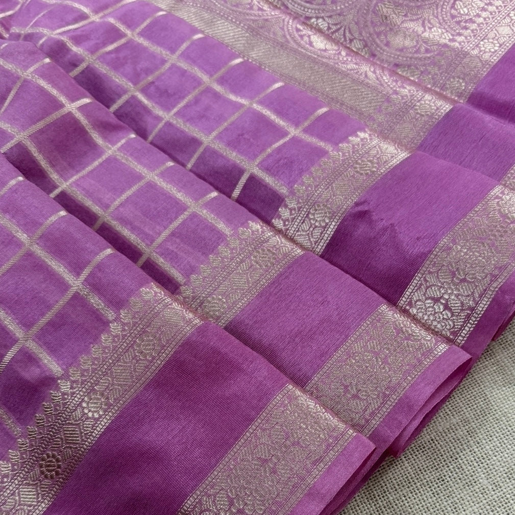 Lilac Checked Raw Silk Saree