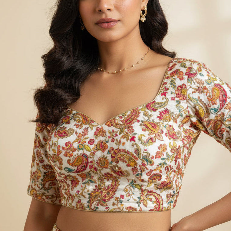 Cream Rich Paisley &Floral Embroidery Designer Crepe Blouse Fabric