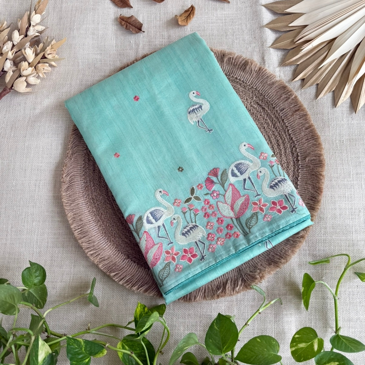 Crane Embroidery Semi Tussar Saree