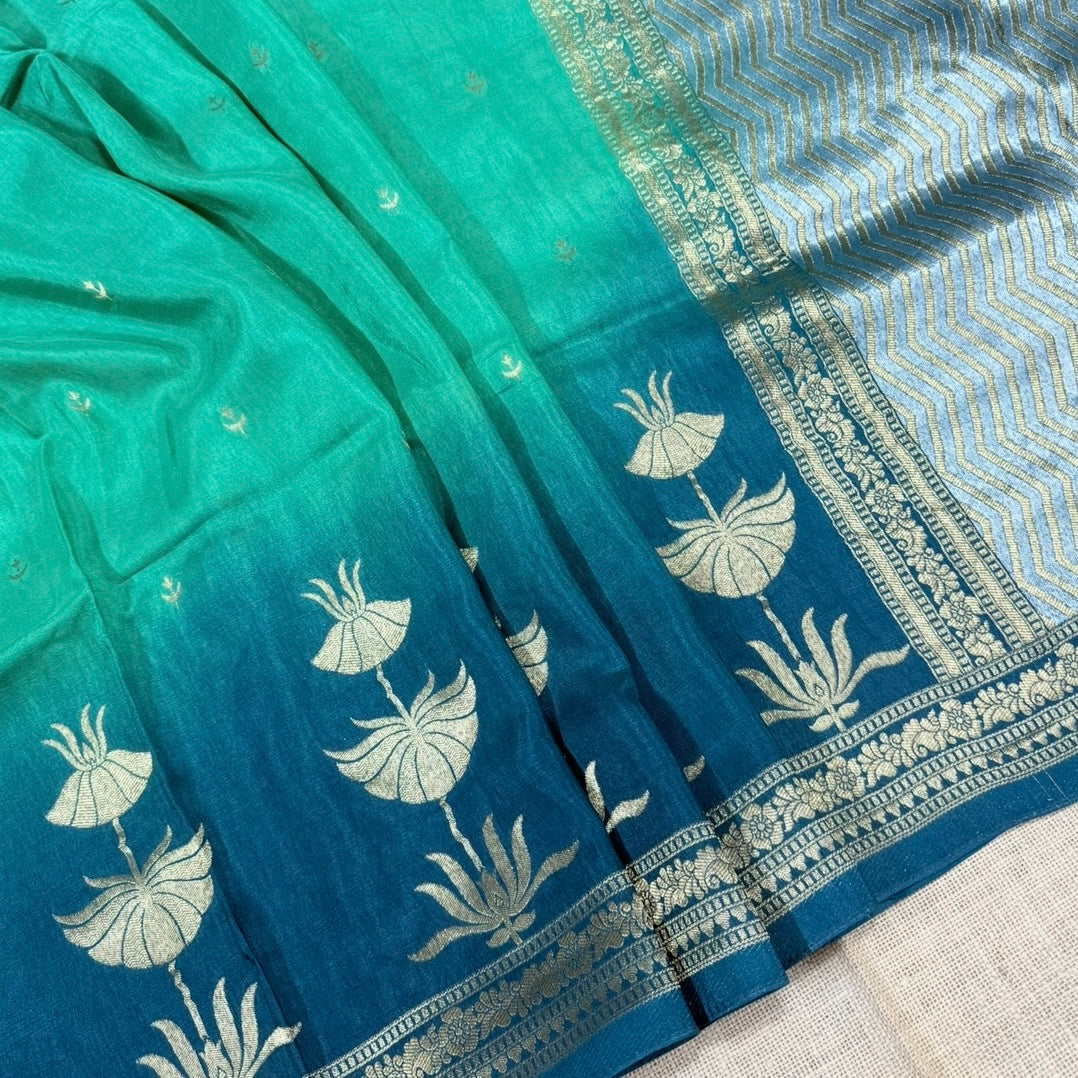 Green with Blue Pure Crepe Silk Saree