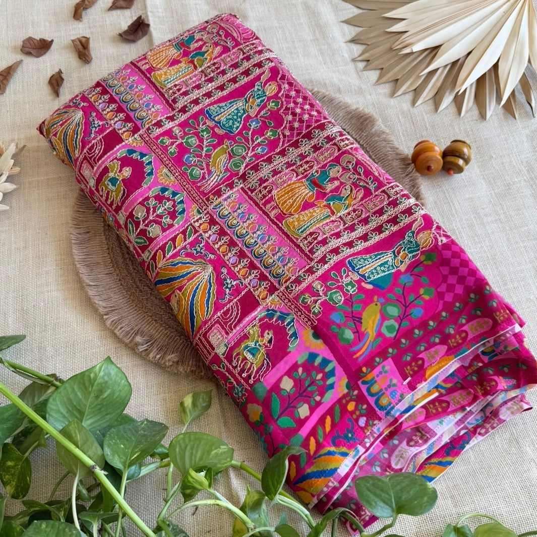 Pink Designer Embroidery Crepe Blouse Fabric