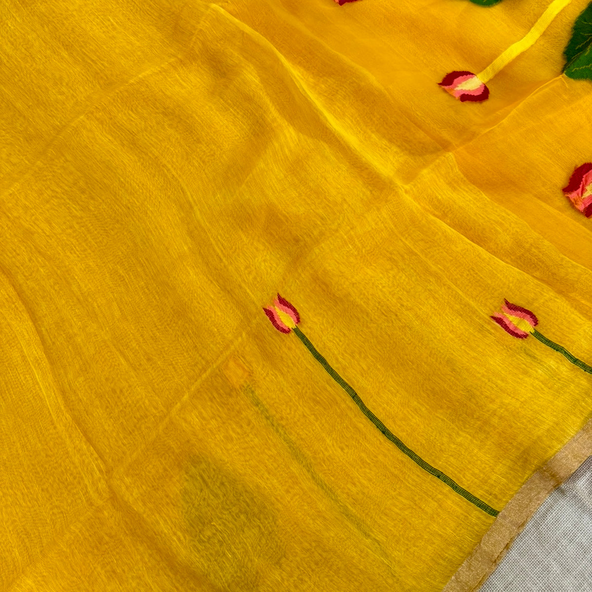 Yellow Tussar Linen Lotus Jamdhani Silk Saree