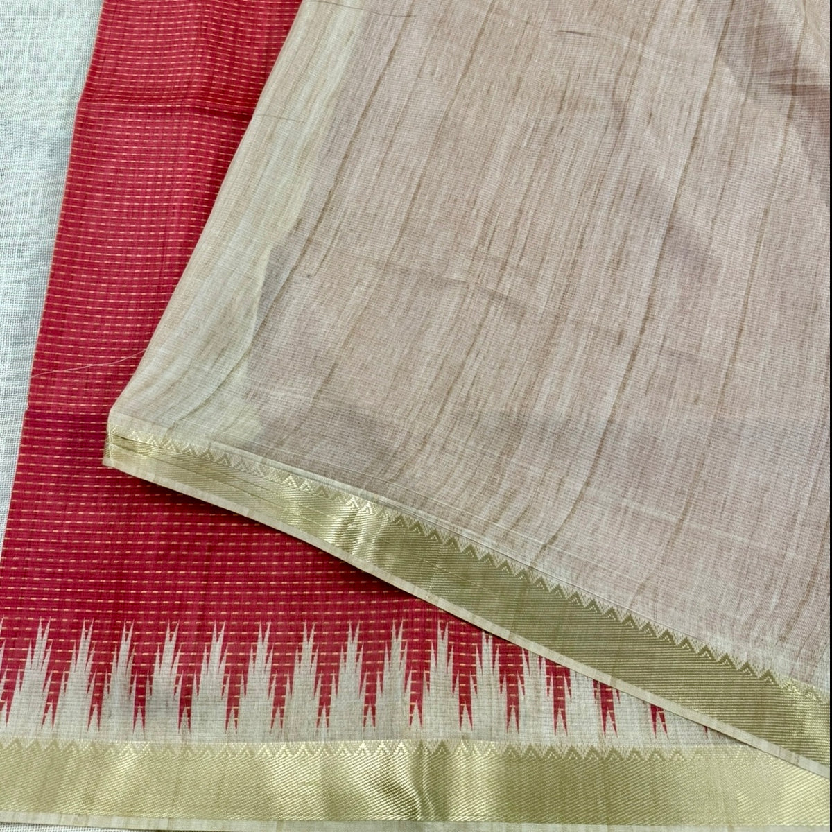 Red with Ivory Semi Tussar Saree