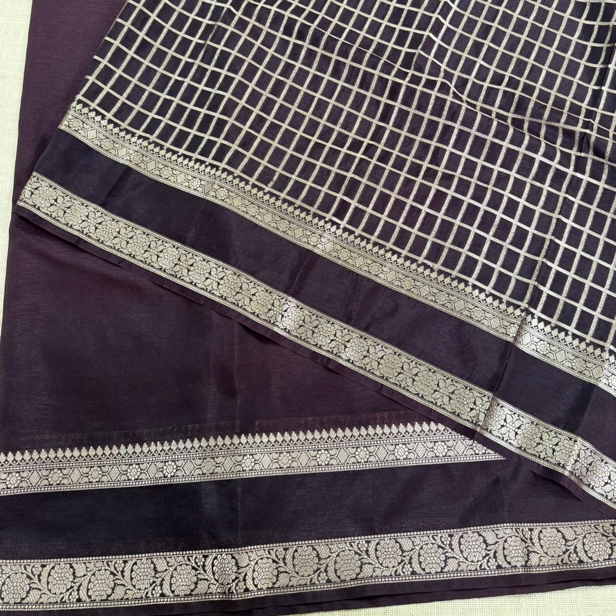 Coffee Brown Plain Raw Silk Saree Checked Blouse