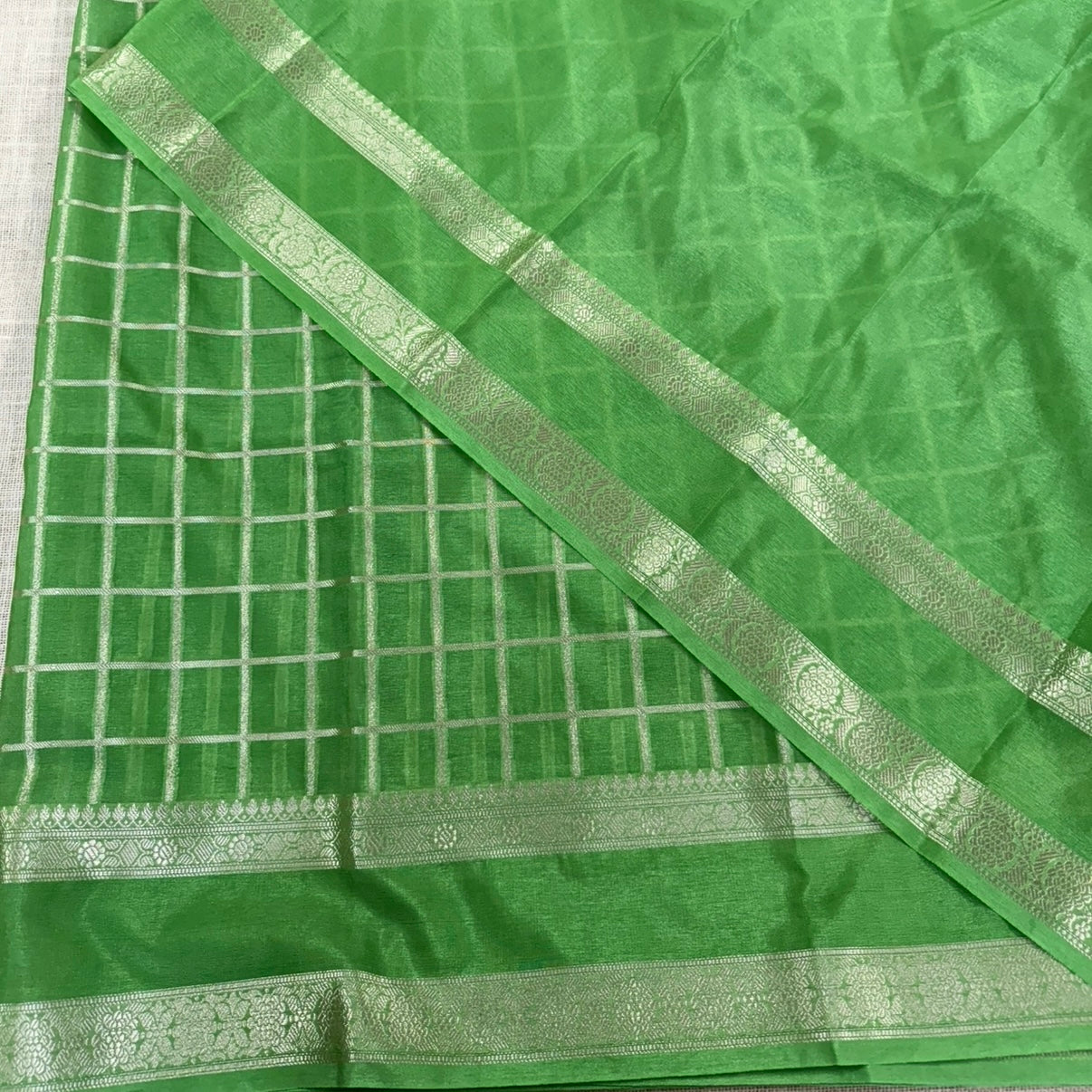 Green Checked Raw Silk Saree