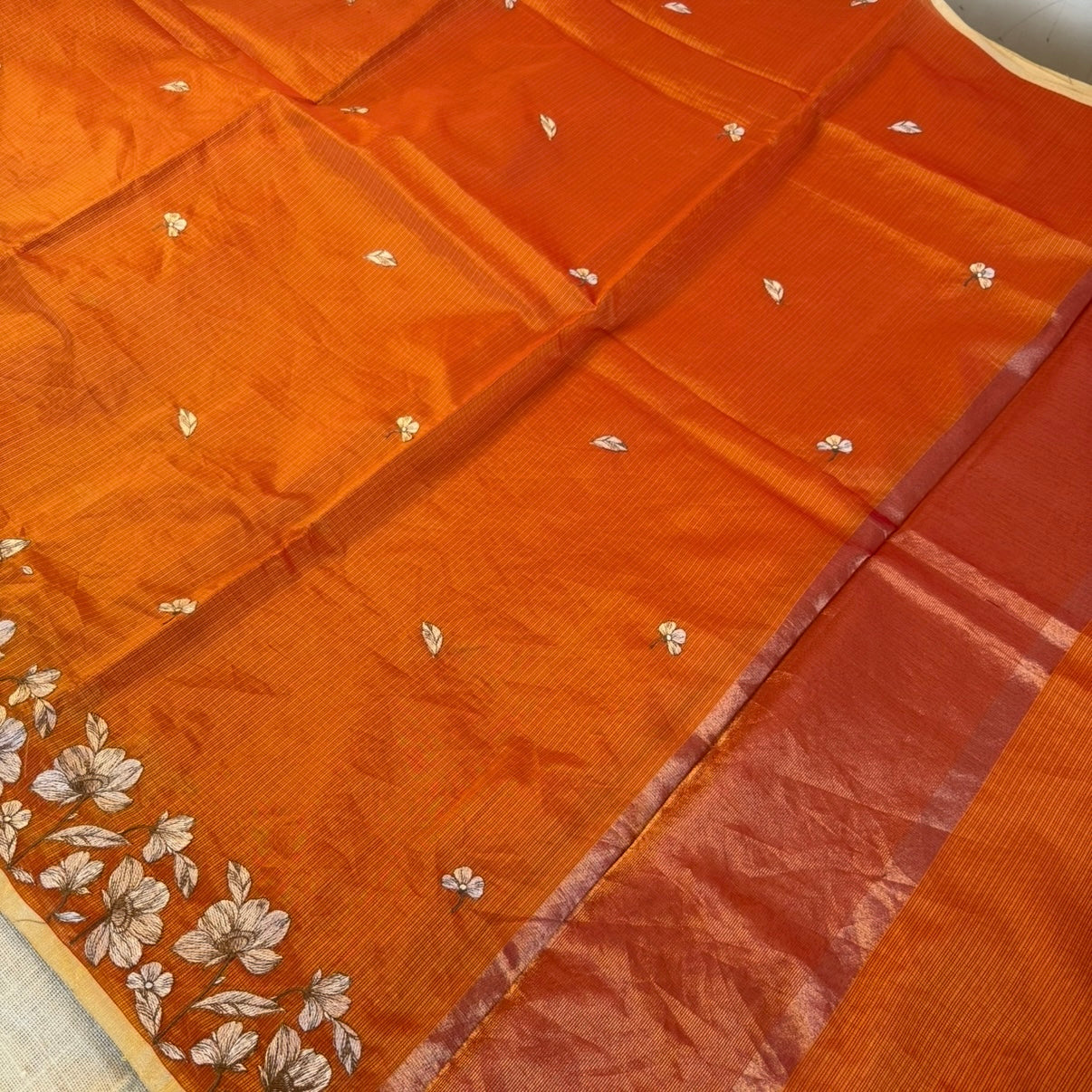 Orange Kota Tissue Embroidery Saree