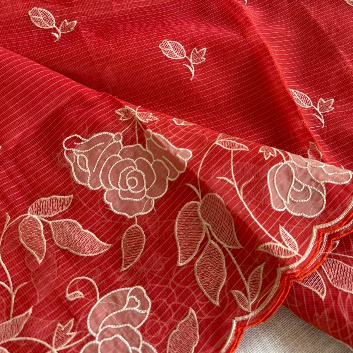 Vibrant Orange Kota Tissue floral Embroidery Saree