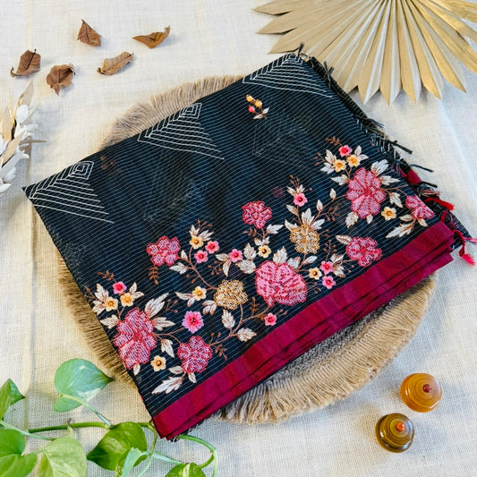 Black Kota Tissue Embroidery Saree
