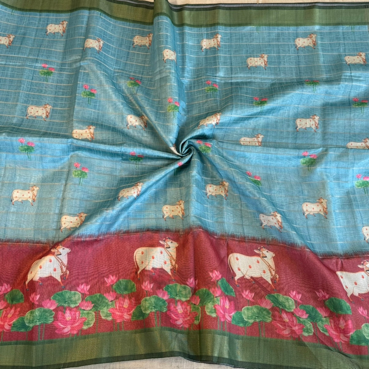 Sky Blue n Brown Pichwai cow lotus Semi Tussar Saree