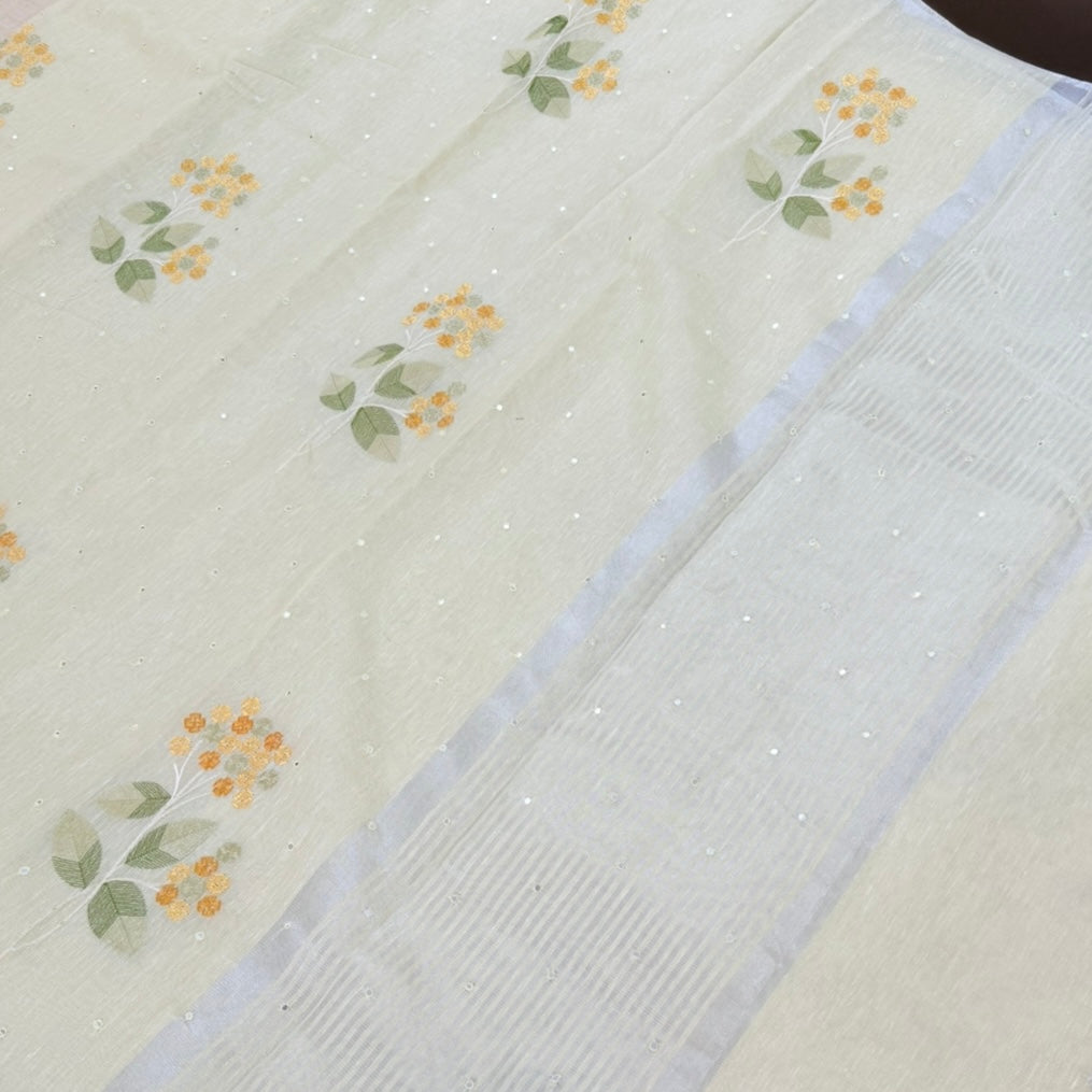 Pastel Yellow Floral Embroidery Tissue Linen Saree