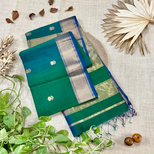 Peacock Green Blue Dual Shade Lotus butta Maheshwari Silk Cotton Saree