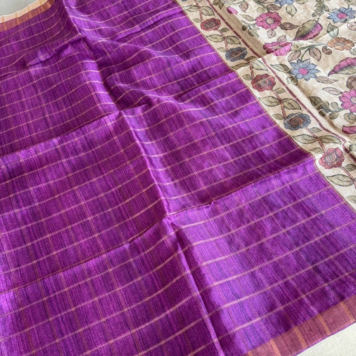 Magenta Checks Kalamkari Semi Tussar Saree