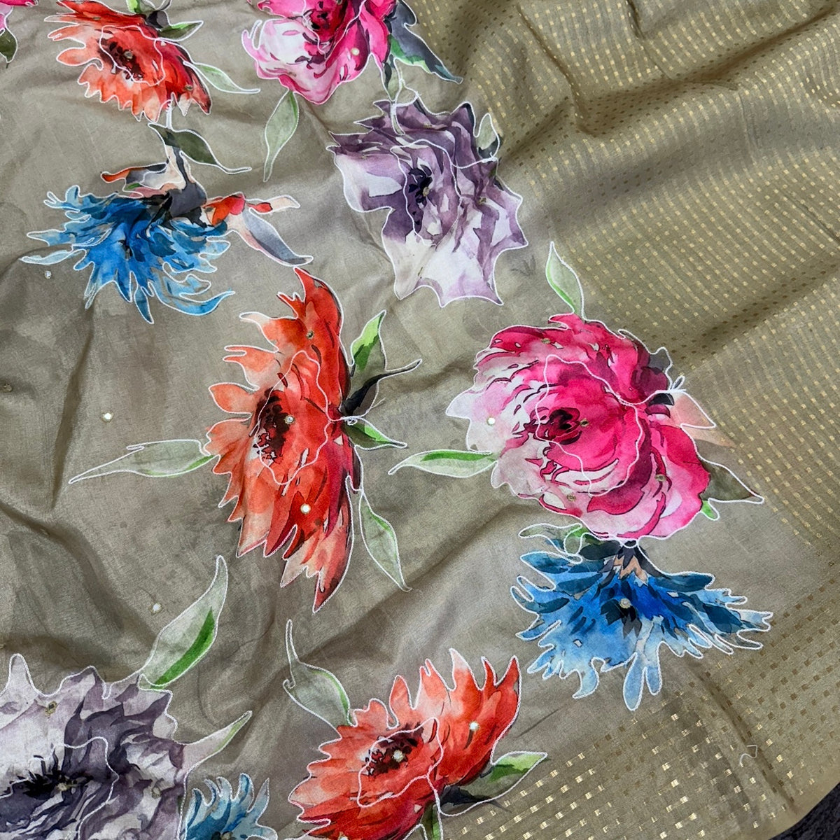 Olive Floral Fancy Embroidery Saree