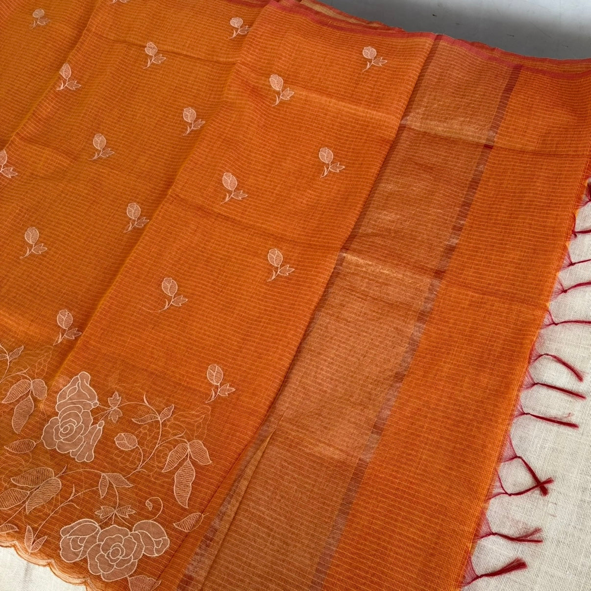 Orange Kota Tissue Embroidery Saree